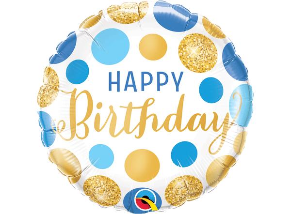 18 Inch Birthday Round Foil Balloon - Blue & Gold Dots