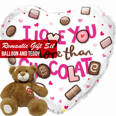 Romantic gift set heart balloons and teddy